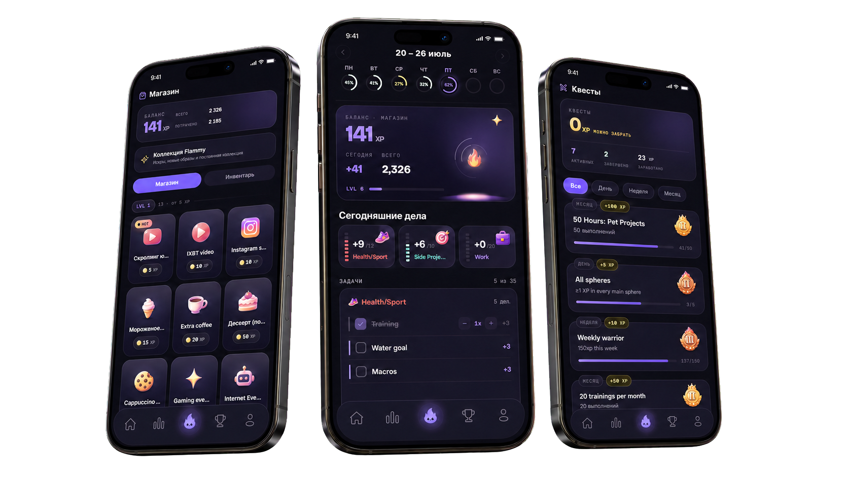 Three phones showing the Flammy shop, My Day, and quests